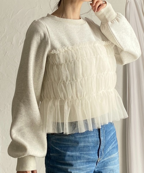 シアーチュールビスチェドッキングレイヤード長袖ボリュームスリーブ