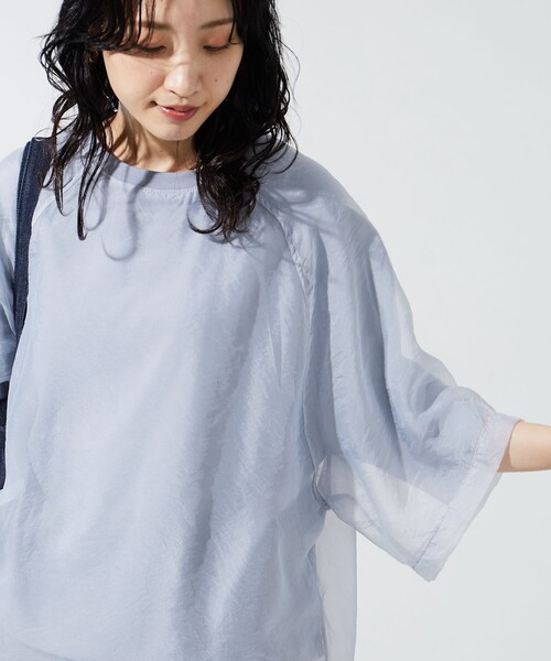 FREAK'S STORE（フリークスストア）の「限定展開　オーガンジー × カットソー 重ね ラグラン 半袖 Tシャツ（Tシャツ/カットソー・レディース・オフホワイト/ブラック/ブルーグレー/ベージュ/コーラルピンク・ﾌﾘ-）」の3枚目の写真