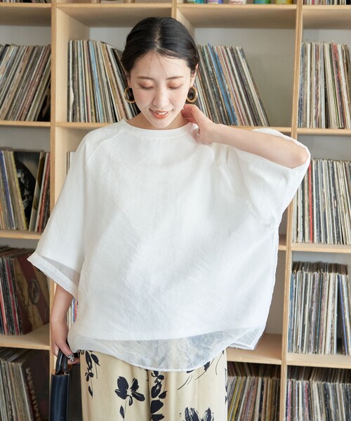 FREAK'S STORE（フリークスストア）の「限定展開　オーガンジー × カットソー 重ね ラグラン 半袖 Tシャツ（Tシャツ/カットソー・レディース・オフホワイト/ブラック/ブルーグレー/ベージュ/コーラルピンク・ﾌﾘ-）」の7枚目の写真