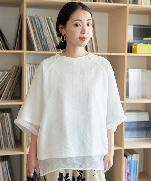 FREAK'S STORE（フリークスストア）の「限定展開　オーガンジー × カットソー 重ね ラグラン 半袖 Tシャツ（Tシャツ/カットソー・レディース・オフホワイト/ブラック/ブルーグレー/ベージュ/コーラルピンク・ﾌﾘ-）」の10枚目の写真