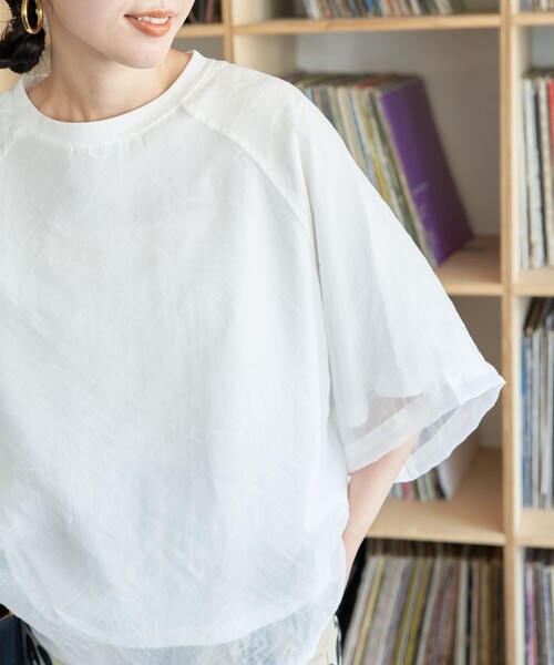 FREAK'S STORE（フリークスストア）の「限定展開　オーガンジー × カットソー 重ね ラグラン 半袖 Tシャツ（Tシャツ/カットソー・レディース・オフホワイト/ブラック/ブルーグレー/ベージュ/コーラルピンク・ﾌﾘ-）」の11枚目の写真