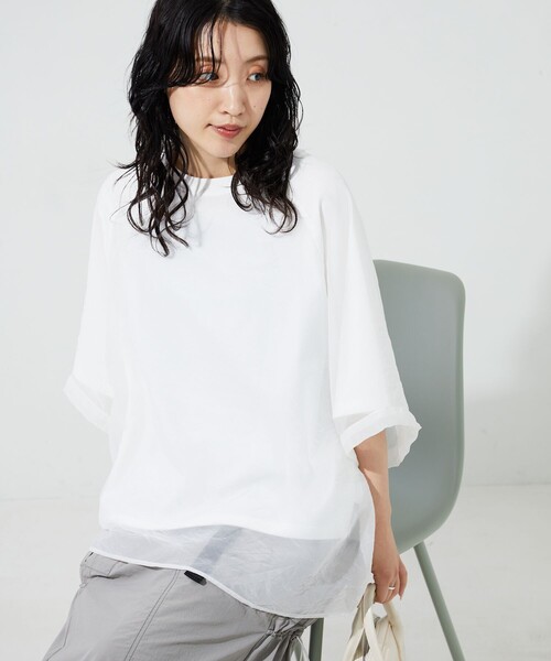 FREAK'S STORE（フリークスストア）の「限定展開　オーガンジー × カットソー 重ね ラグラン 半袖 Tシャツ（Tシャツ/カットソー・レディース・オフホワイト/ブラック/ブルーグレー/ベージュ/コーラルピンク・ﾌﾘ-）」の17枚目の写真
