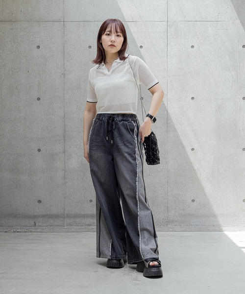 PAGEBOY（ページボーイ）の「メッシュラインポロ（ニット/セーター・レディース・グレー/ブラック/オフホワイト・FREE）」の4枚目の写真