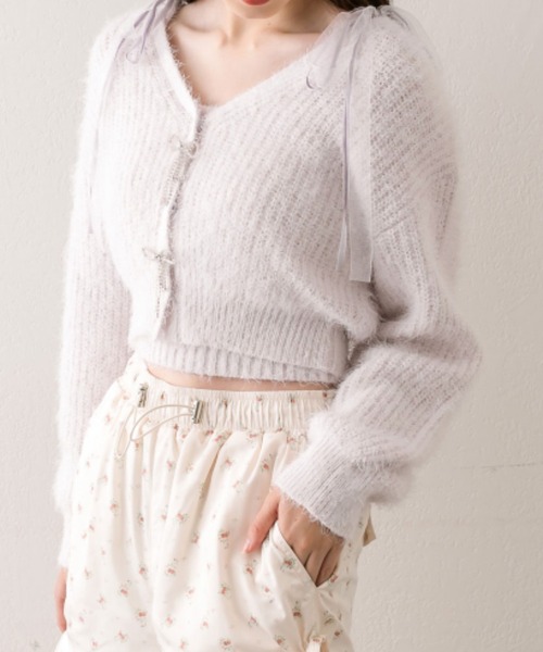 OLIVE des OLIVE（オリーブデオリーブ）の「ふわふわリボンビジューカーディガン（カーディガン/ボレロ・レディース・アイボリー/サックスブルー/ブラウン/ラベンダー・FREE）」の14枚目の写真
