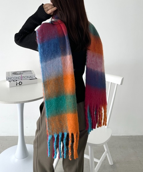 CLEA(クレア)の「マルチチェックボリュームフリンジマフラー(マフラー・レディース・オレンジ/イエロー/ブラウン/ブルー/ミント/ピンク/ライトピンク/パープル・FREE)」の20枚目の写真