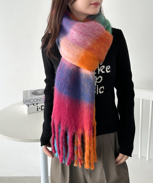 CLEA(クレア)の「マルチチェックボリュームフリンジマフラー(マフラー・レディース・オレンジ/イエロー/ブラウン/ブルー/ミント/ピンク/ライトピンク/パープル・FREE)」の15枚目の写真