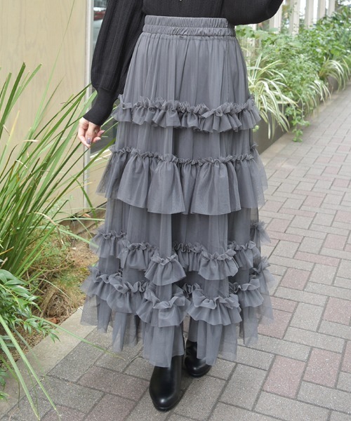 axes femme（アクシーズファム）の「フリルチュールティアードスカート（スカート・レディース・ブラック/ピンク/キナリ/チャコール/ホワイト/ミント/ブルーグレー・FREE）」の6枚目の写真