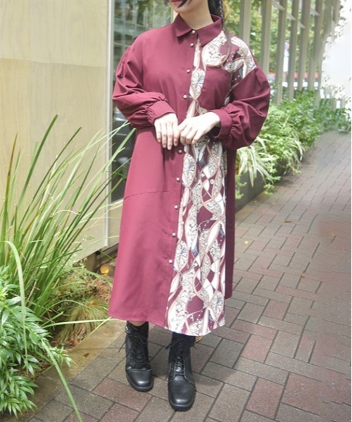axes femme(アクシーズファム)の「スカーフ切替シャツワンピース(シャツワンピース・レディース・ワイン/ブラック/グリーン・FREE)」の4枚目の写真