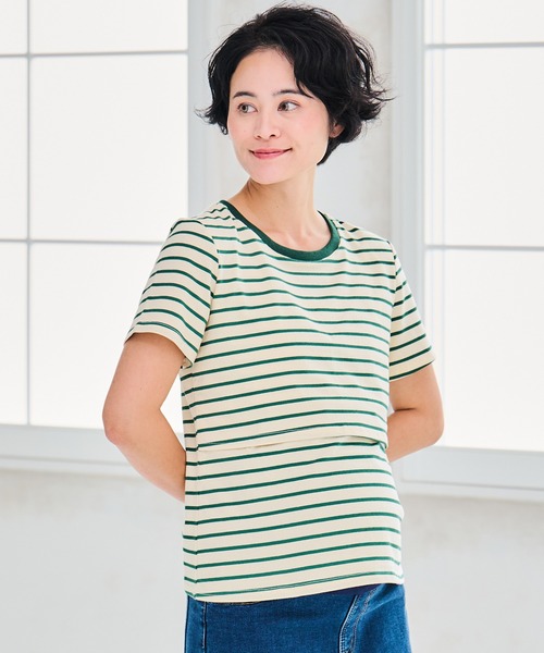 CHOCOA(チョコア)の「授乳口付きボーダーTシャツ(マタニティウェア/グッズ・レディース・ブラウン/グリーン・M/L/XL)」の3枚目の写真