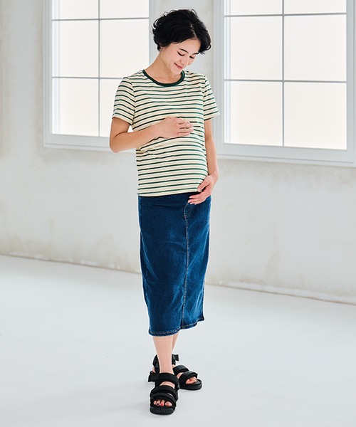 CHOCOA(チョコア)の「授乳口付きボーダーTシャツ(マタニティウェア/グッズ・レディース・ブラウン/グリーン・M/L/XL)」の4枚目の写真