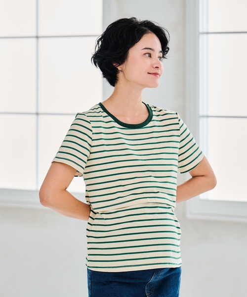 CHOCOA(チョコア)の「授乳口付きボーダーTシャツ(マタニティウェア/グッズ・レディース・ブラウン/グリーン・M/L/XL)」の5枚目の写真
