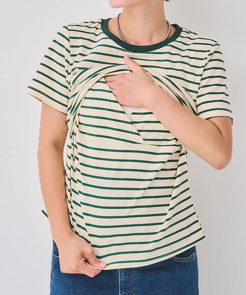 CHOCOA(チョコア)の「授乳口付きボーダーTシャツ(マタニティウェア/グッズ・レディース・ブラウン/グリーン・M/L/XL)」の7枚目の写真