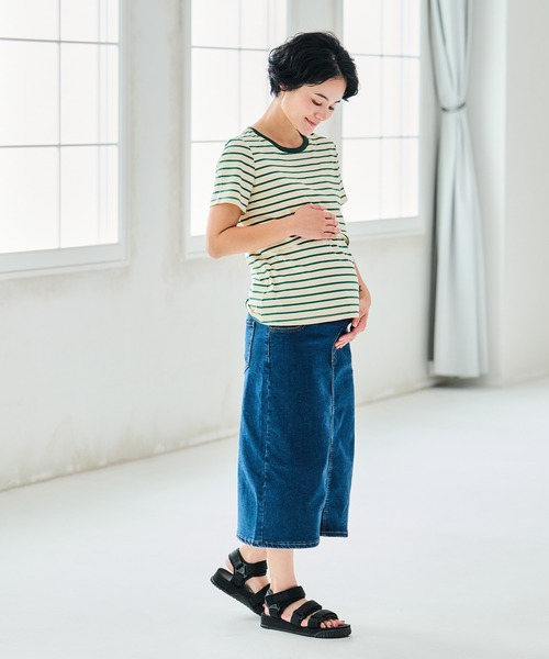 CHOCOA(チョコア)の「授乳口付きボーダーTシャツ(マタニティウェア/グッズ・レディース・ブラウン/グリーン・M/L/XL)」の8枚目の写真
