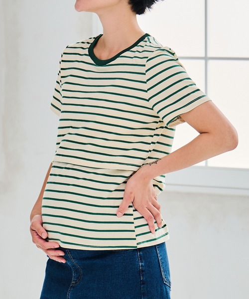 CHOCOA(チョコア)の「授乳口付きボーダーTシャツ(マタニティウェア/グッズ・レディース・ブラウン/グリーン・M/L/XL)」の10枚目の写真