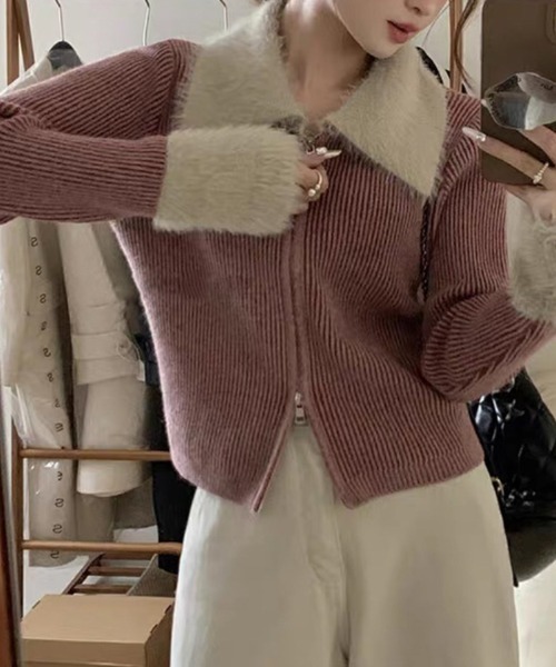 おしゃれスタ(オシャレスタ)の「リブニットダブルジッパーカーディガン(カーディガン/ボレロ・レディース・グレー/ピンク/ブラウン・FREE)」の3枚目の写真