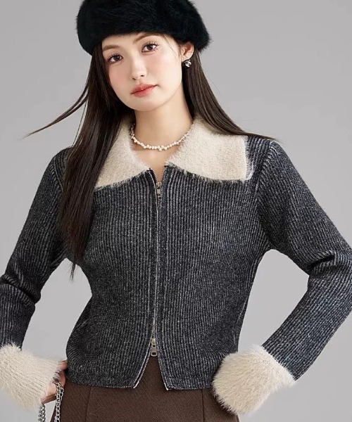 おしゃれスタ(オシャレスタ)の「リブニットダブルジッパーカーディガン(カーディガン/ボレロ・レディース・グレー/ピンク/ブラウン・FREE)」の7枚目の写真
