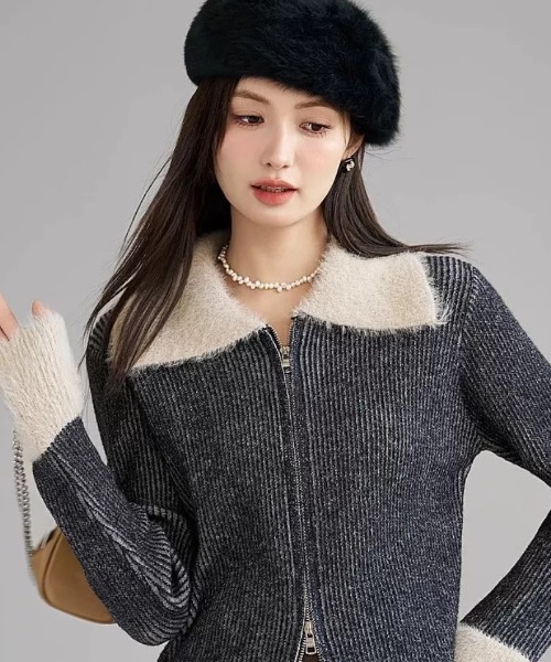 おしゃれスタ(オシャレスタ)の「リブニットダブルジッパーカーディガン(カーディガン/ボレロ・レディース・グレー/ピンク/ブラウン・FREE)」の8枚目の写真