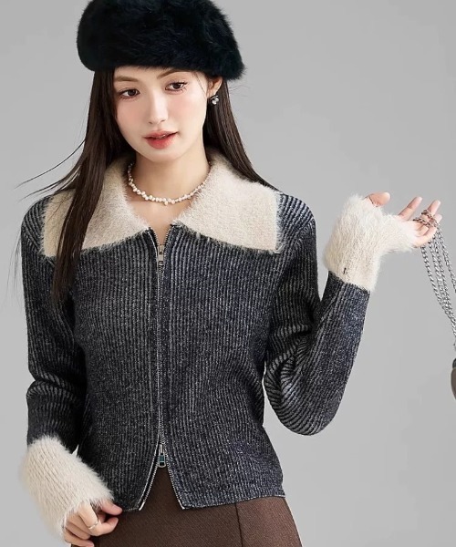 おしゃれスタ(オシャレスタ)の「リブニットダブルジッパーカーディガン(カーディガン/ボレロ・レディース・グレー/ピンク/ブラウン・FREE)」の9枚目の写真