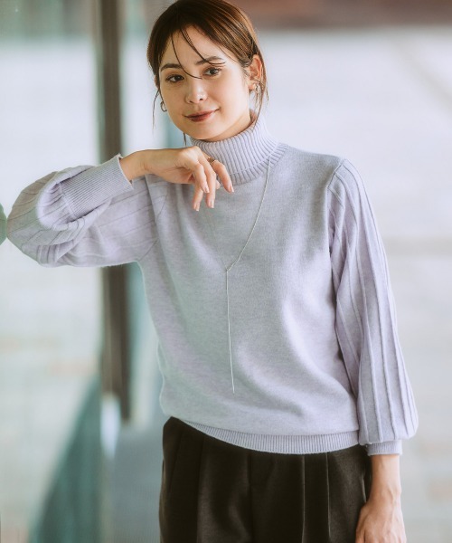 7days Life Styling（セブンデイズライフスタイリング）の「プリーツ風柄ボリューム袖タートルネックニット（毛玉になりにくい・タンブル乾燥OK）（ニット/セーター・レディース・アイボリー/ラベンダー/杢グレー/ブラック・S/M/L/LL/3L）」の15枚目の写真