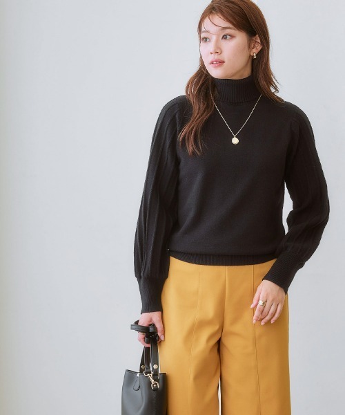 プリーツ風柄ボリューム袖タートルネックニット（毛玉になりにくい