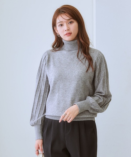 7days Life Styling（セブンデイズライフスタイリング）の「プリーツ風柄ボリューム袖タートルネックニット（毛玉になりにくい・タンブル乾燥OK）（ニット/セーター・レディース・アイボリー/ラベンダー/杢グレー/ブラック・S/M/L/LL/3L）」の11枚目の写真