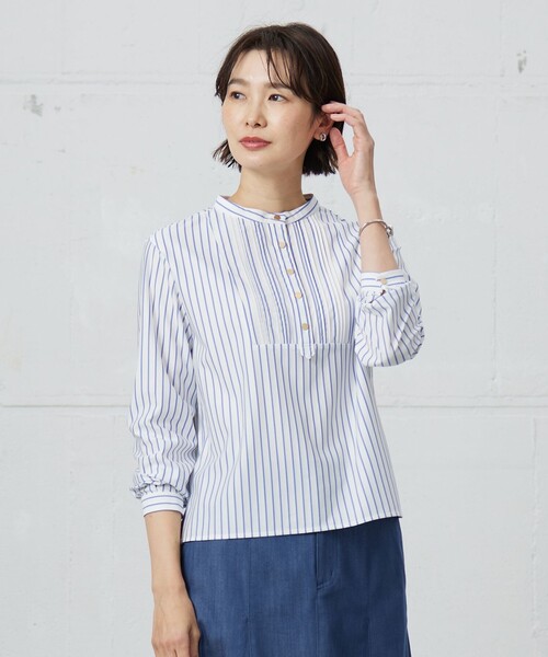 J.PRESS(ジェイプレス)の「ストライプジャージー ピンタック カットソー(Tシャツ/カットソー・レディース・ホワイト系1/ピンク系1/サックスブルー系1・MEDIUM/LARGE)」の1枚目の写真