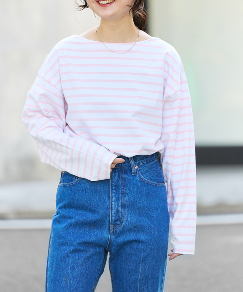 OUTDOOR PRODUCTS（アウトドアプロダクツ）の「VINTAGE LIKE ボーダー ボートネックロンT（Tシャツ/カットソー・レディース・ピンク/グリーン/ブルー系その他/ブラック・FREE）」の4枚目の写真