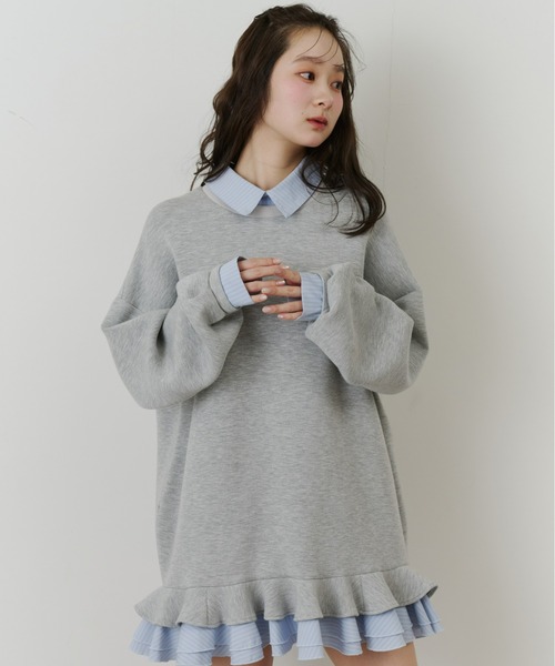 olu. トレーナー　春服　グレー色　ミニワンピ　レイヤード　フリル フリルレイヤードダンボールスウェット（スウェット）｜Olu