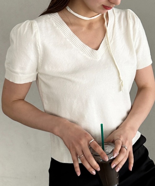 MYMOOD.（マイムード）の「【取り外し可能リボン付き】Vネック半袖ニット（ニット/セーター・レディース・ブルー/アイボリー/ブラック/ピンク・FREE）」の10枚目の写真