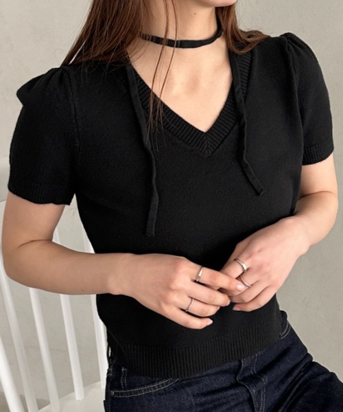 MYMOOD.（マイムード）の「【取り外し可能リボン付き】Vネック半袖ニット（ニット/セーター・レディース・ブルー/アイボリー/ブラック/ピンク・FREE）」の15枚目の写真