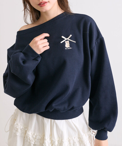 OLIVE des OLIVE(オリーブデオリーブ)の「ネコ刺繍ワンショルスウェット(Tシャツ/カットソー・レディース・オートミール/ピンク/ブラウン/ネイビー・FREE)」の12枚目の写真