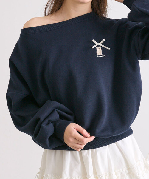 美品＊BEARDSLEY ネコ刺繍袖パフカットソー 黒 ブラック 裏起毛 裏起毛WOLFスウェット[品番：SPRW0010861]｜SpRay（スプレイ）の