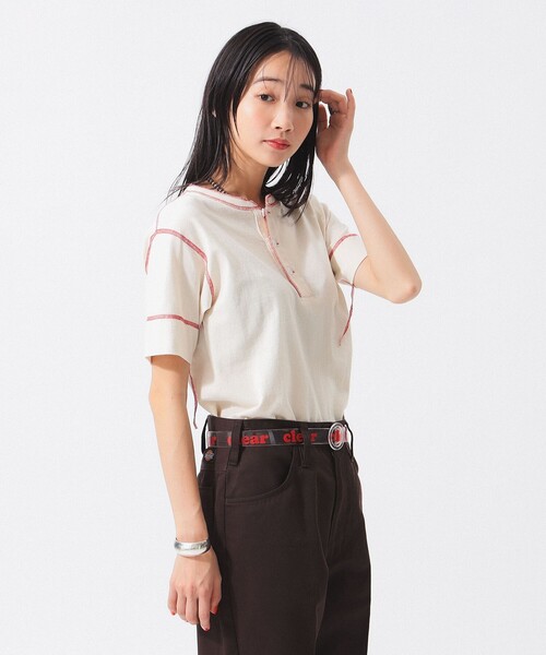 L'Appartement ヘンリーネック ショート丈 ワイドカットソー 半袖 ヘンリーネック ショート丈 Tシャツ (Tシャツ・カットソー