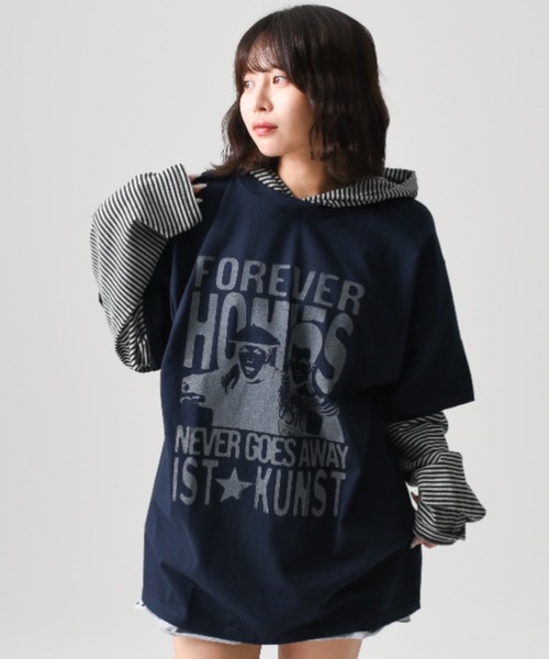 ISTKUNST(イストクンスト)の「A'GEM/9 × .kom 『ISTKUNST/イストクンスト』 FOREVER HOMIES LAYERED LS TEE/FOREVER HOMIESレイヤード長袖カットソー(Tシャツ/カットソー・レディース・グレー/ネイビー・M/L)」の4枚目の写真