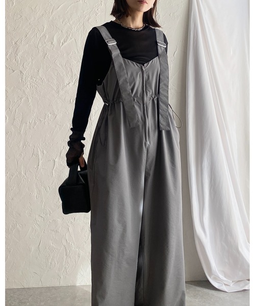 セール】フロントジップナイロンワイドパンツミリタリーサロペット