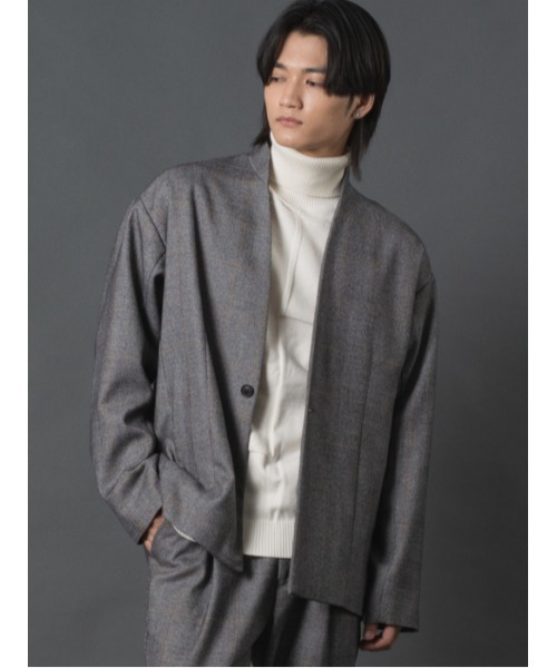REGIEVO(レジエボ)の「ノーカラーチェックジャケット(ノーカラージャケット・メンズ・ベージュ/グレー・MEDIUM/LARGE/X-LARGE)」の7枚目の写真