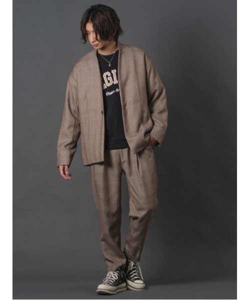 REGIEVO(レジエボ)の「ノーカラーチェックジャケット(ノーカラージャケット・メンズ・ベージュ/グレー・MEDIUM/LARGE/X-LARGE)」の3枚目の写真
