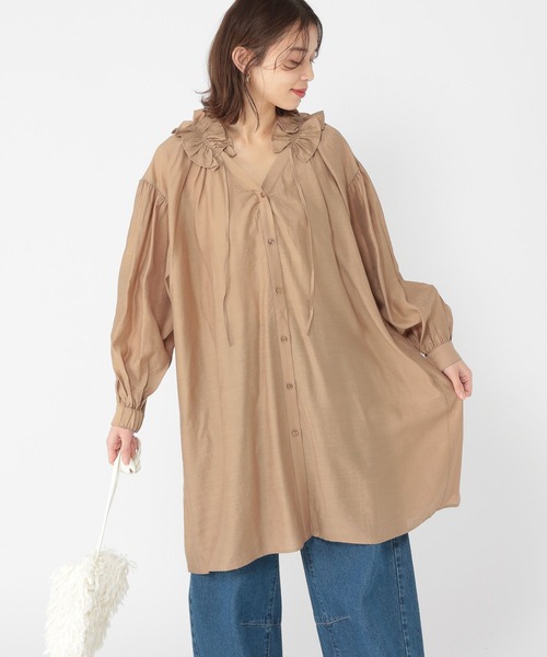 studio CLIP（スタディオクリップ）の「フリルカラーチュニック丈ワンピース（ワンピース・レディース・ネイビー/モカ・FREE）」の3枚目の写真