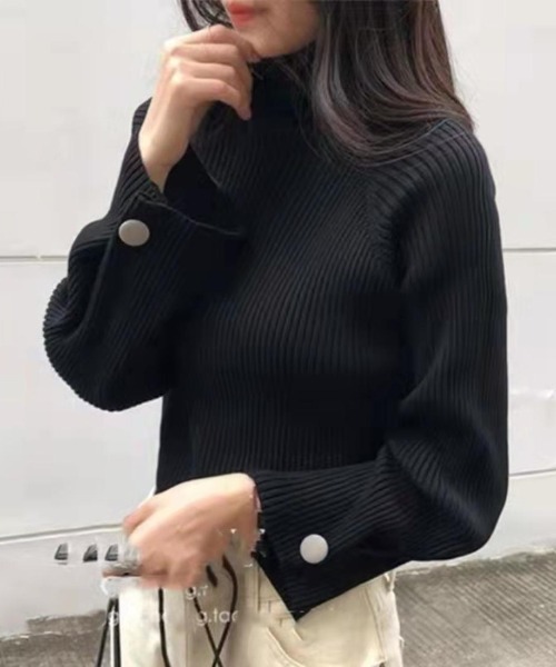 Forcement(フォースメント)の「上品ボタンモックネック袖コンリブニット(ニット/セーター・レディース・ホワイト/ブラウン/カーキ/ブラック・ONESIZE)」の9枚目の写真
