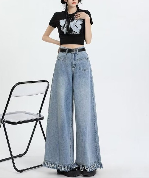 gossip！ロサンゼルス（ゴシップロサンゼルス）の「裾フリンジ ワイドシルエットデニムパンツ（デニムパンツ・レディース・ライトブルー・S/M）」の8枚目の写真