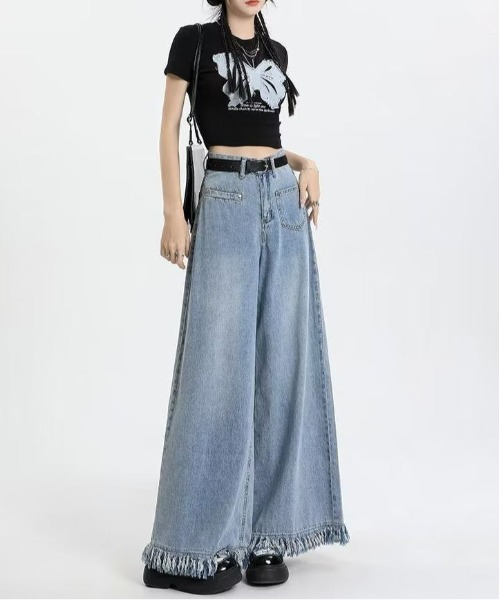 gossip！ロサンゼルス（ゴシップロサンゼルス）の「裾フリンジ ワイドシルエットデニムパンツ（デニムパンツ・レディース・ライトブルー・S/M）」の9枚目の写真