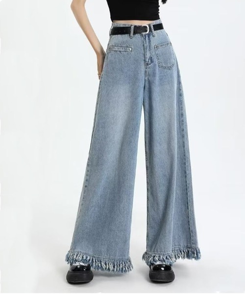 gossip！ロサンゼルス（ゴシップロサンゼルス）の「裾フリンジ ワイドシルエットデニムパンツ（デニムパンツ・レディース・ライトブルー・S/M）」の5枚目の写真