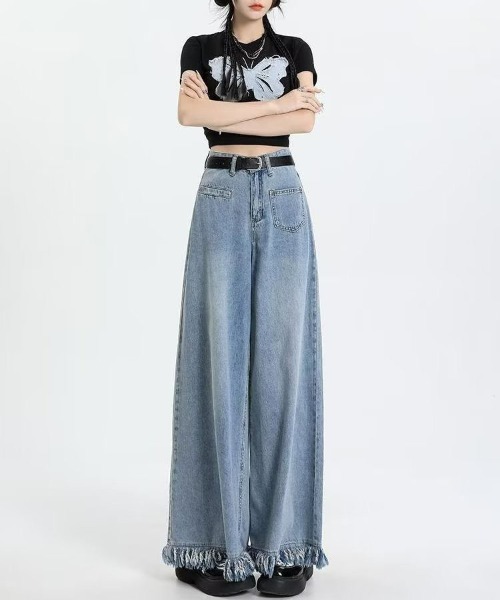 gossip！ロサンゼルス（ゴシップロサンゼルス）の「裾フリンジ ワイドシルエットデニムパンツ（デニムパンツ・レディース・ライトブルー・S/M）」の12枚目の写真
