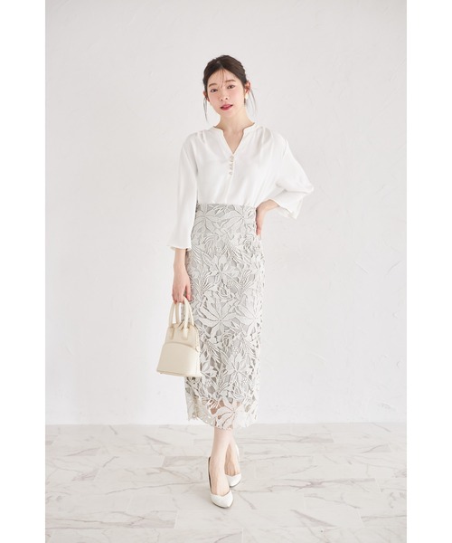 セール】パール付きスキッパータックスリーブブラウス（シャツ