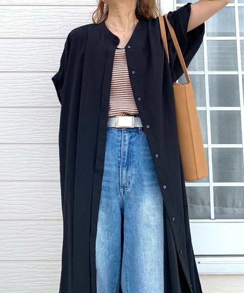 Q（キュー）の「スパンローンルーズワンピース（シャツワンピース・レディース・ブラック/オリーブ・MEDIUM）」の7枚目の写真