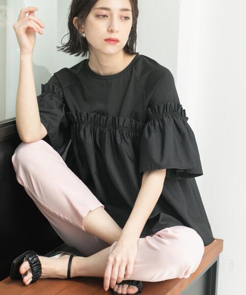 フリルドッキングオーバーシャツ　グリーン Green Parks tシャツ 裾フリルドッキング5分袖プルオーバー