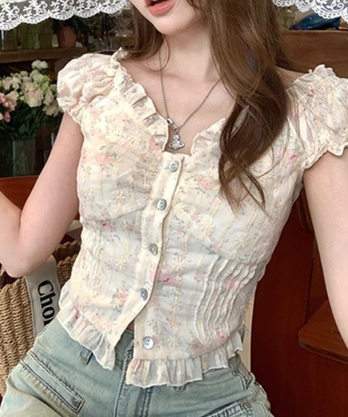 Teem Store(チームストア)の「花柄フリルシャツ(シャツ/ブラウス・レディース・アイボリー・M/S)」の1枚目の写真