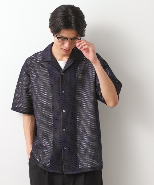 THE SHOP TK （ザ ショップ ティーケー ）の「ダイヤ柄プリント半袖シャツ【洗濯機OK/オーバーサイズ】（シャツ/ブラウス・メンズ・ネイビー系3/アイボリー系3・04/03/02）」の2枚目の写真