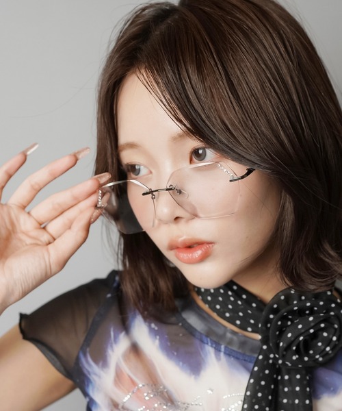 GRANCY ラインストーンデザインリムレスメガネメタルフレーム眼鏡 ケース付き GRANCY】Rhinestone Design Rimless Glasses / ラインストーン
