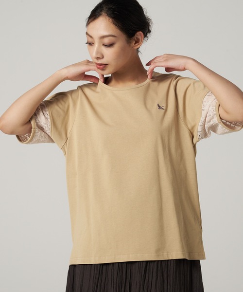 Eddie Bauer(エディーバウアー)の「レーススリーブ 半袖 Tシャツ(Tシャツ/カットソー・レディース・ブラック/ベージュ/アイボリー・M/L/S/XL)」の1枚目の写真